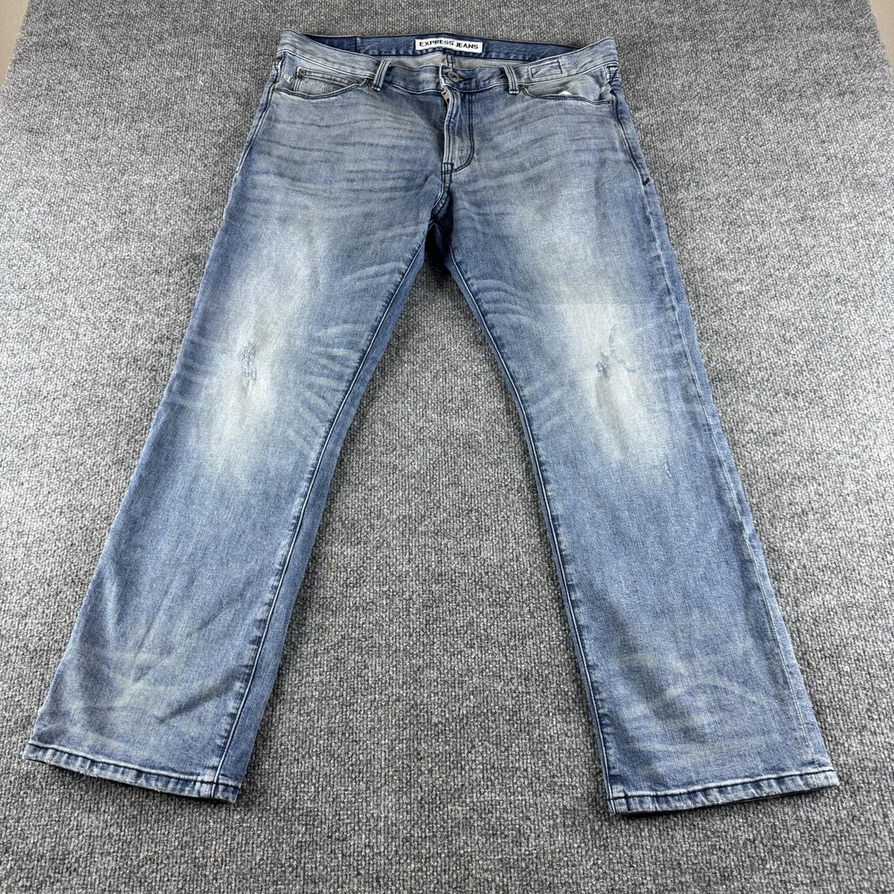 Express Jeans Rocco Mens 34x30 Blue Slim Straight Light Wash Denim Distressed
